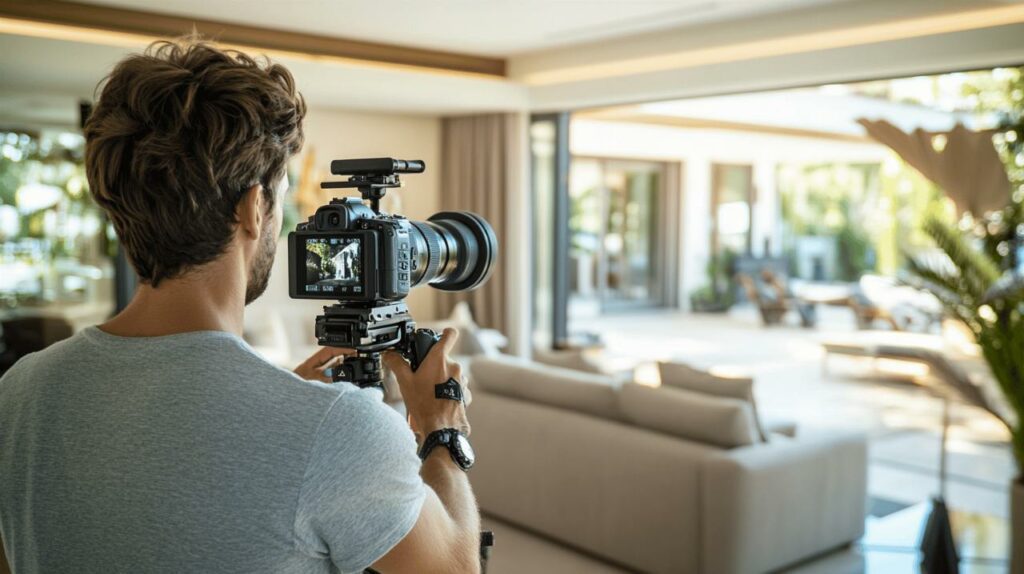 Un photographe derrière un appareil photo et réalisant une vidéo.