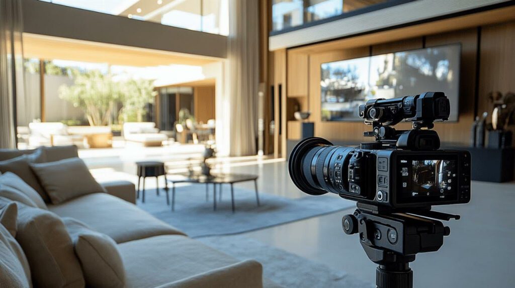 Un appareil photo sur un trépied prêt à prendre une photo d'un appartement luxueux à Bordeaux